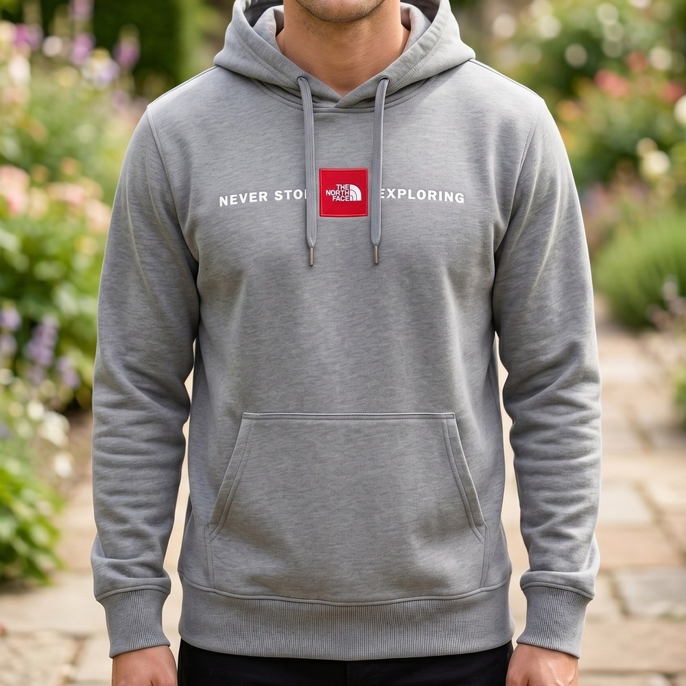 The North Face Mens Grey Never Stop Exploring Red‎ Box Logo Pullover Hoodie L